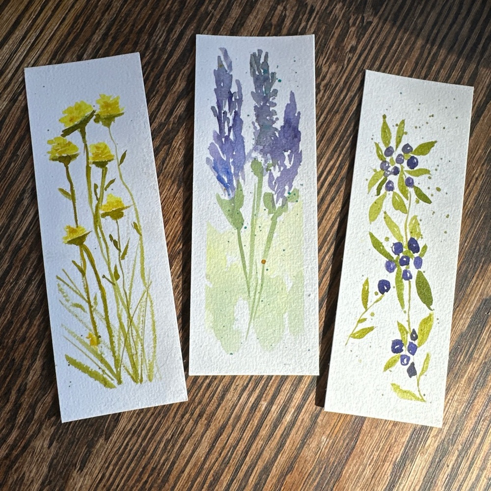 Handpainted Watercolor Floral Bookmark Trio - Yellow & Lavender & Blueberry